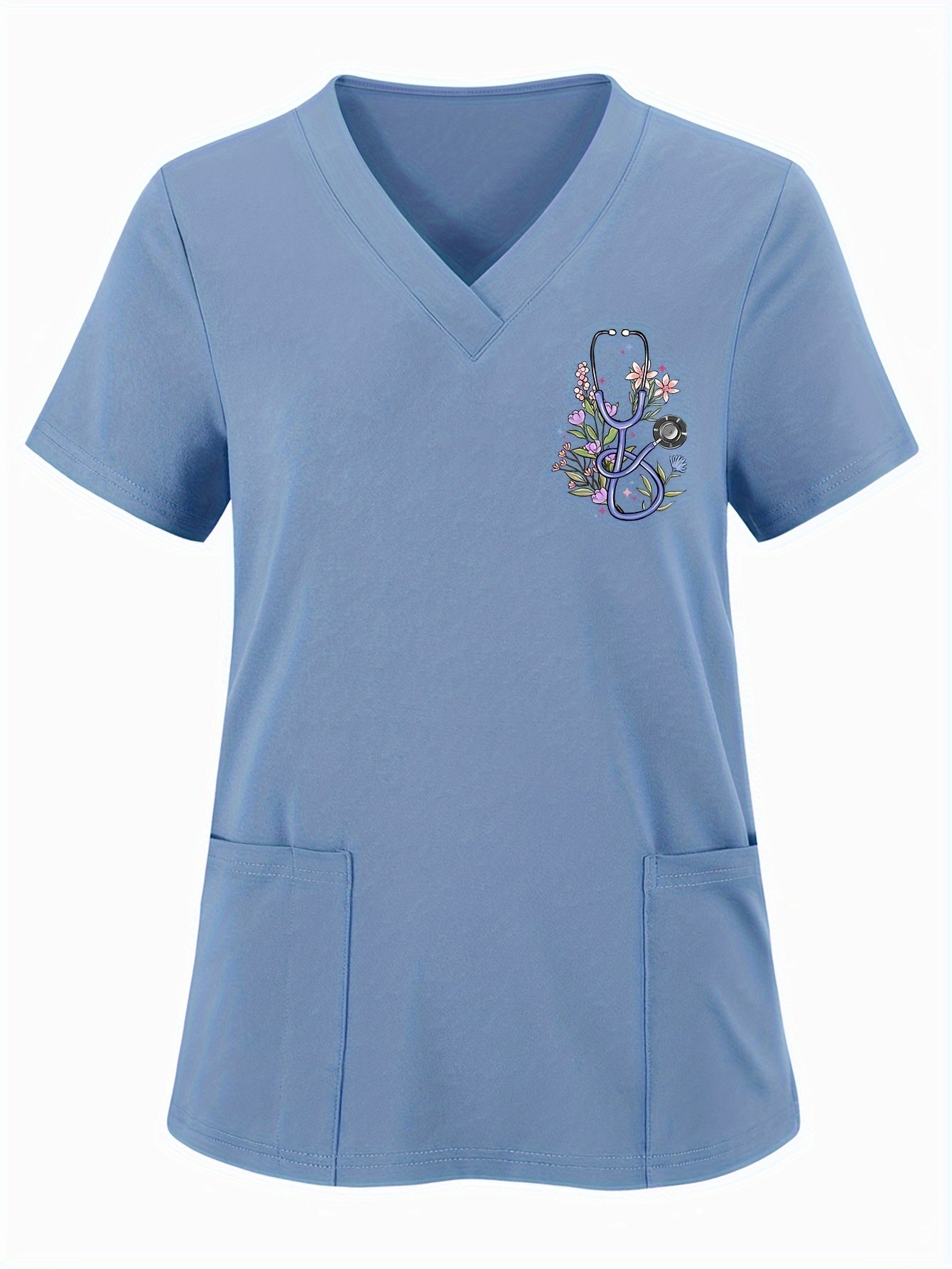 Women'S Elegant Floral Stethoscope Print V-Neck Scrub Top, Polyester Knit Fabric with Medium Stretch, Short Sleeve Nurse Uniform with Pockets, All-Season Loose Fit Pullovers