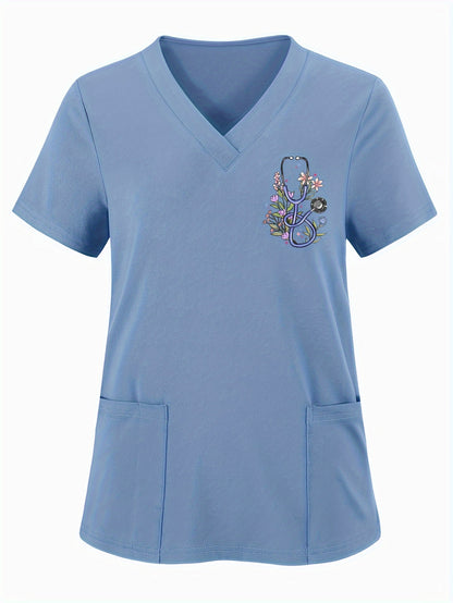 Women'S Elegant Floral Stethoscope Print V-Neck Scrub Top, Polyester Knit Fabric with Medium Stretch, Short Sleeve Nurse Uniform with Pockets, All-Season Loose Fit Pullovers