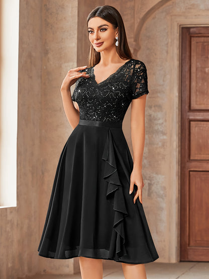 24224 Elegant Womens Sequin Lace Chiffon A Line Bridesmaid Dress, V Neck Short Sleeves, Ruched Ruffle Hem, Perfect for Graduation Season, Wedding Season, Summer Wedding Guest, Evening Party, Cruise Party And Birthday Celebration