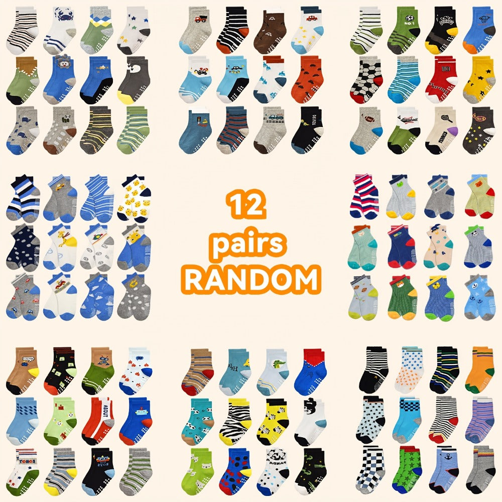 Kids' Assorted Non-Slip Crew Socks - 12/24-Pair Options