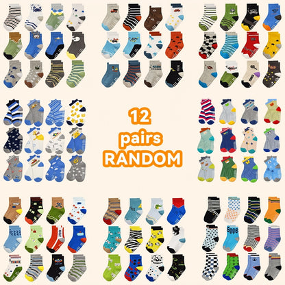 Kids' Assorted Non-Slip Crew Socks - 12/24-Pair Options