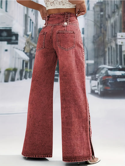 Women's Daily Casual Fashion Button Waistband Loose Jeans, with Open Button Cuff Design, Suitable for Home, Outdoor Street Shopping, Holiday Travel, Airport, And Versatile for All Seasons, Machine Washable.
