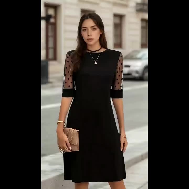 Women's solid color round neck slim dress, half sleeves - lace stitching, elegant style, polyester fiber, comfortable to wear in spring, summer and autumn