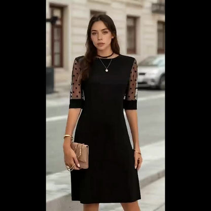 Women's solid color round neck slim dress, half sleeves - lace stitching, elegant style, polyester fiber, comfortable to wear in spring, summer and autumn