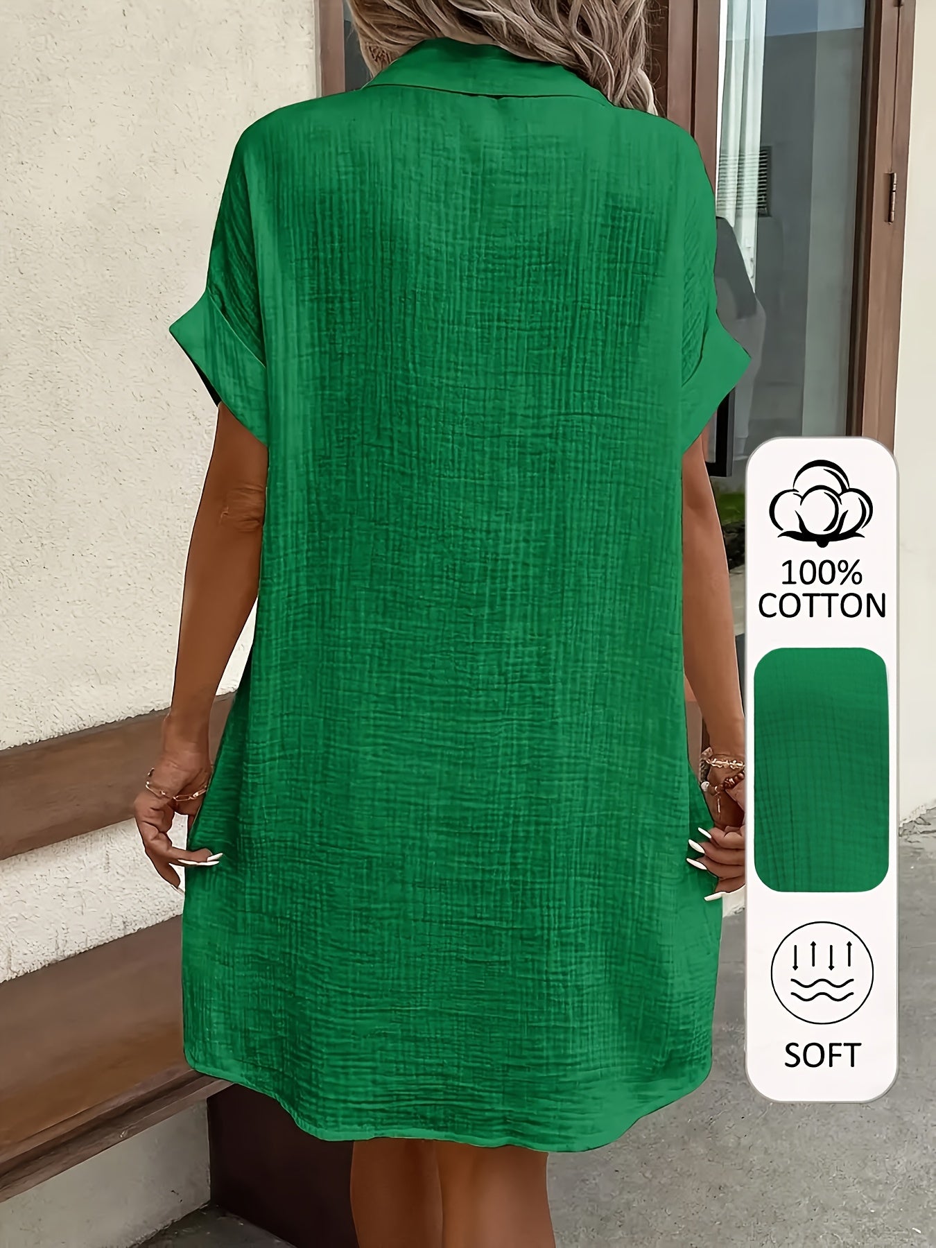 Women's 100% V-Neck Short Sleeve A-Line Dress - Button-Front Blouse Dress, Soft Breathable Casual to Semi-Formal Wear, Machine Washable All-Season Outfit (No) - Pure Shirt Dress