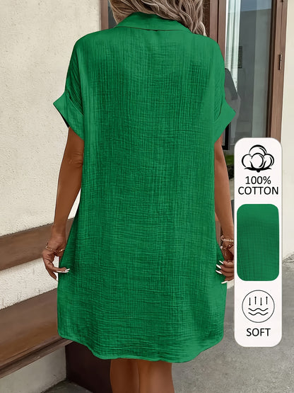 Women's 100% V-Neck Short Sleeve A-Line Dress - Button-Front Blouse Dress, Soft Breathable Casual to Semi-Formal Wear, Machine Washable All-Season Outfit (No) - Pure Shirt Dress