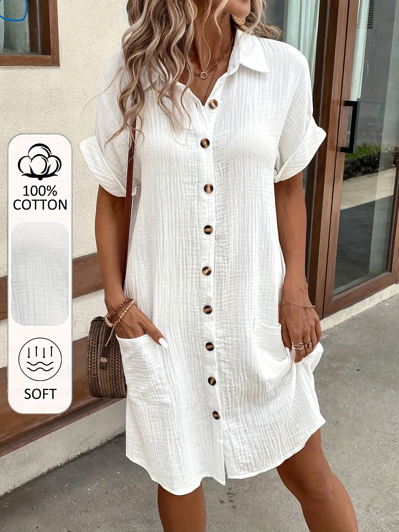 Women's 100% V-Neck Short Sleeve A-Line Dress - Button-Front Blouse Dress, Soft Breathable Casual to Semi-Formal Wear, Machine Washable All-Season Outfit (No) - Pure Shirt Dress