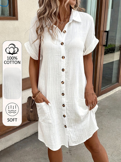 Women's 100% V-Neck Short Sleeve A-Line Dress - Button-Front Blouse Dress, Soft Breathable Casual to Semi-Formal Wear, Machine Washable All-Season Outfit (No) - Pure Shirt Dress
