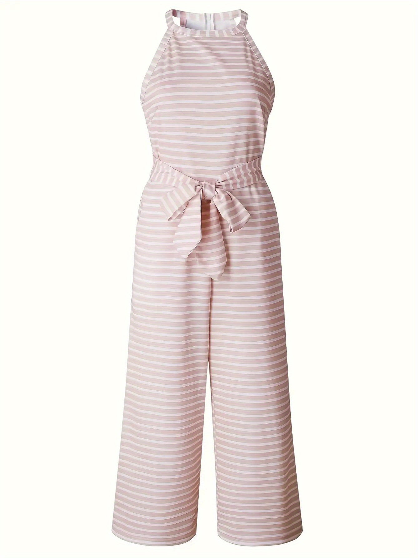Women's Sleeveless Tank Top Jumpsuit with Decorative Bow Belt - High-Waisted Wide-Leg Pants, Black & White Vertical Stripes, Loose Fit Machine Washable Summer Outfit for Casual Outings & Beach Vacations, Ladies Tank Tops, Warm Weather Clothing, Breathable