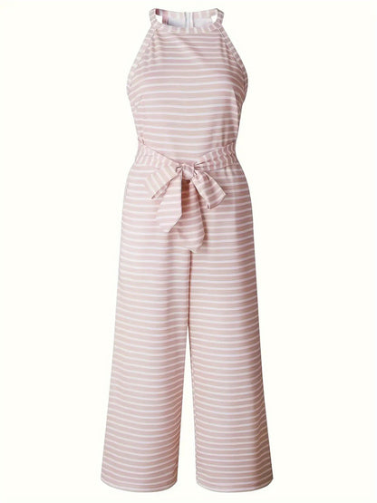 Women's Sleeveless Tank Top Jumpsuit with Decorative Bow Belt - High-Waisted Wide-Leg Pants, Black & White Vertical Stripes, Loose Fit Machine Washable Summer Outfit for Casual Outings & Beach Vacations, Ladies Tank Tops, Warm Weather Clothing, Breathable