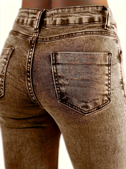 High Waisted Brown Washed Vintage Western Denim Style Stacked Elastic Horseshoe Slightly Flared Pants