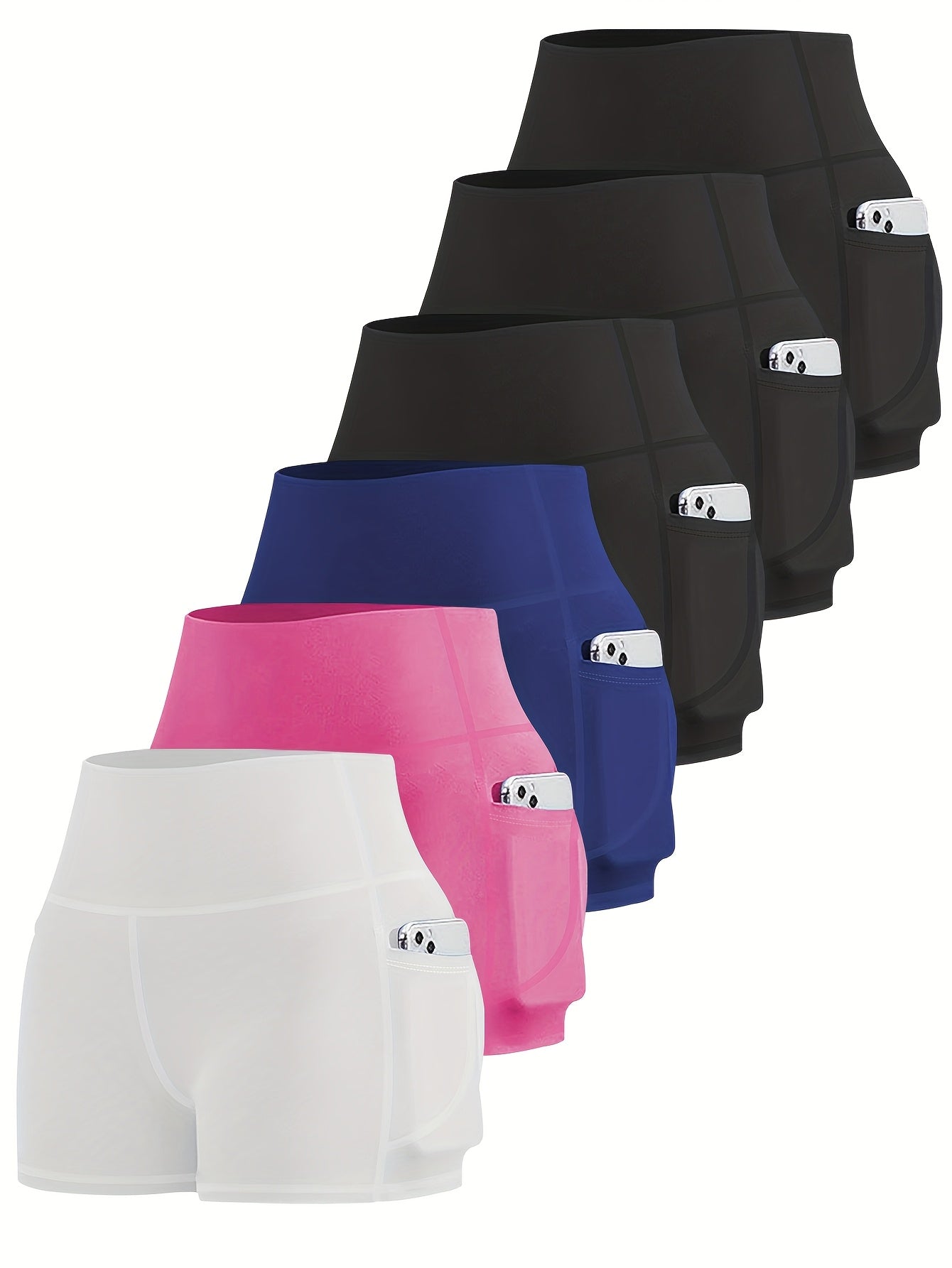 6-pack Plus Size Women'S Sports Shorts High Waist Hip Lifting Yoga Shorts With Pocket Three-quarter Pants Gym Running Exercise Fitness Shorts
