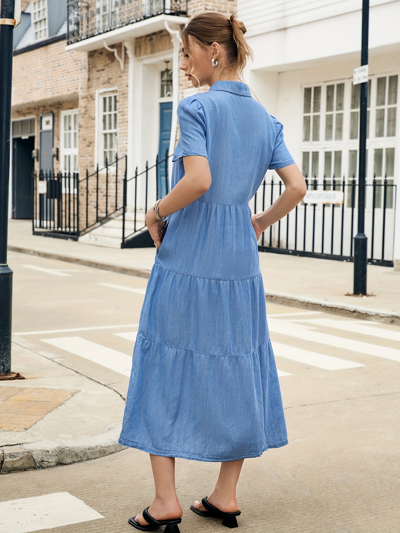 Women'S Light Blue Lyocell Denim Dress - Elegant V-Neck Short Sleeve Multi-Tiered Ruffled Hem Casual Vacation Dress, Machine Washable Regular Fit All-Season Wear