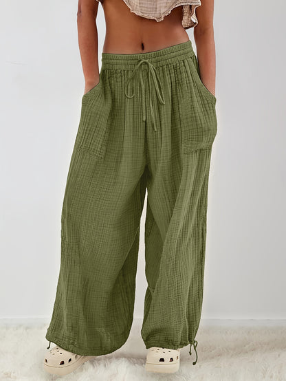 Spring And Summer Women's Casual Pants, Khaki, Pocket, Wide Leg, Tie, Loose, Daily Commuting Wide Leg Pants Womens Summer Clothes