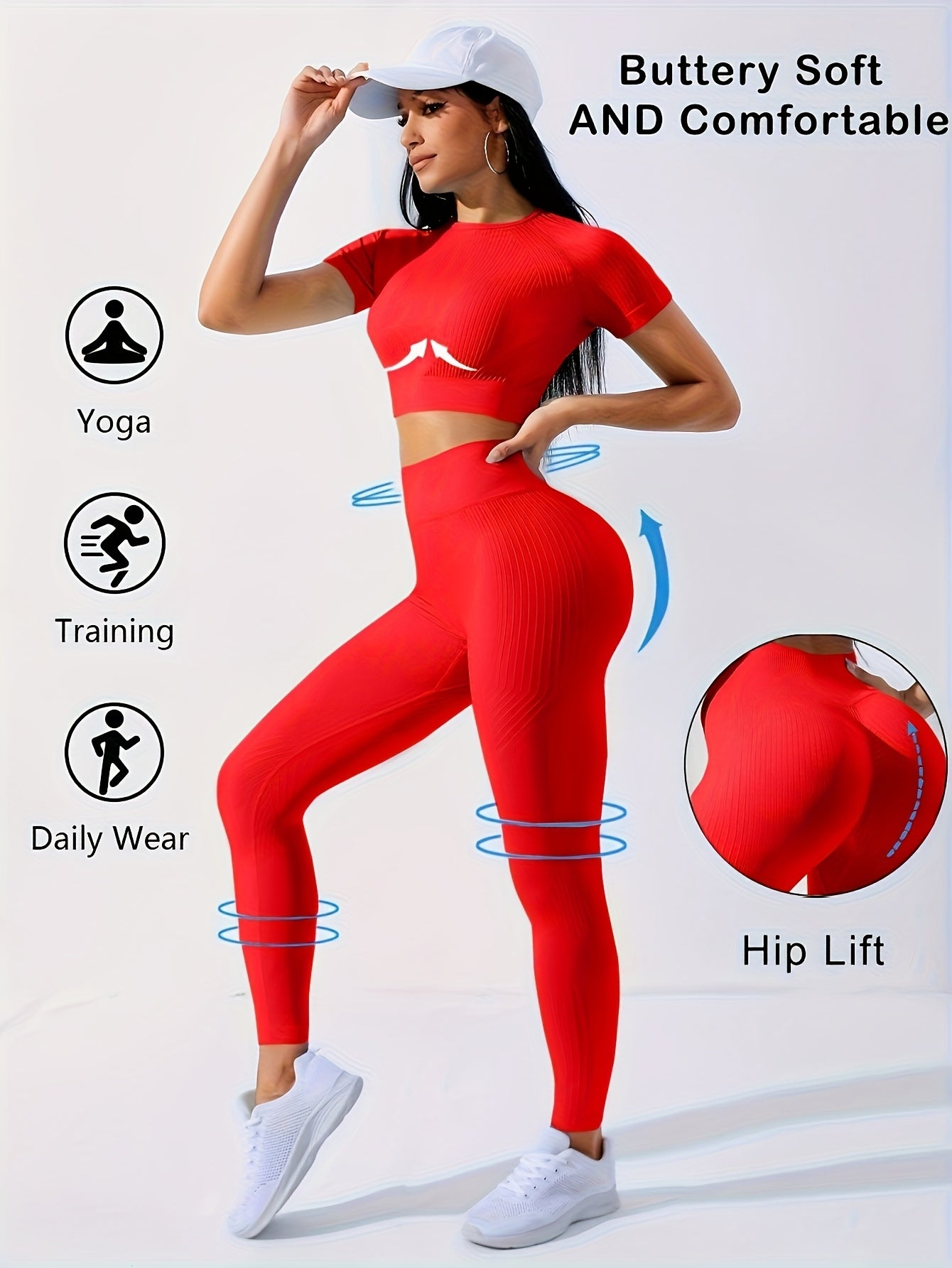 Women's 2pcs Workout Set - Yoga Top & Leggings, Crew Neck, Medium Stretch, Solid Color, All-Season Activewear, Workout