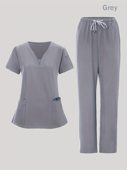 4pcs Set for Women'S V-Neck Matte Breathable Uniform Pocket Hand Washing Work Clothes Brush Hand Clothes Clothes Pants Set