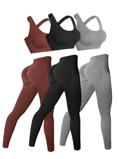 Three Seamless Women'S Activewear Sets High-Stretch Backless Bra And Hip-Lifting Leggings with Crossover Strap Details