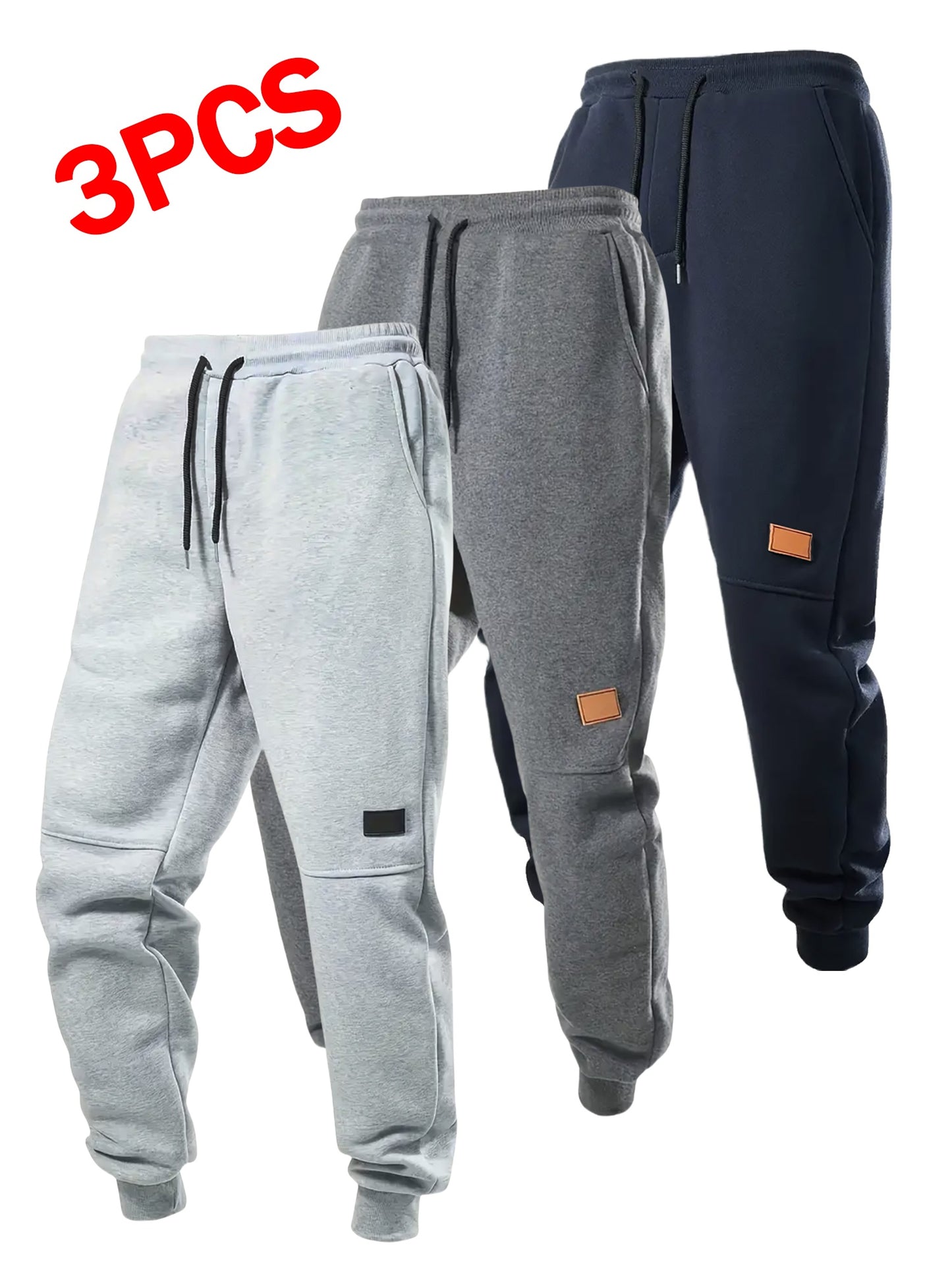 Set of 3 Boys' Warm Fleece Jogger Pants, Suitable for Casual Wear. Available in Black, Gray, Blue, And Dark Gray, These Teenage Activewear Joggers Feature a Drawstring Waistband And Ribbed Cuffs, Ideal for Outdoor Activities