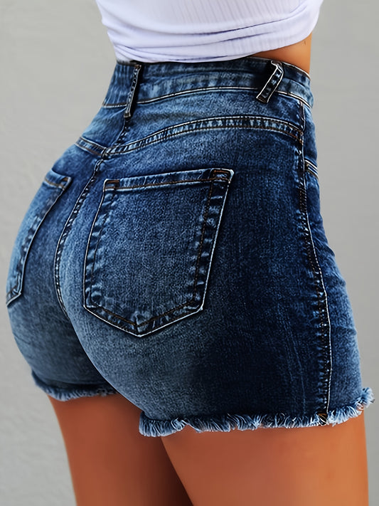 Vintage Style High Waist Denim Shorts, Solid Color, Woven Fabric, with Tassel Detail, for Summer