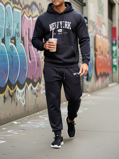6pcs Men's Sportswear And Pants Set, Fashionable Street Style City Name Printed Sportswear for Autumn And Winter Outdoor Fitness Jogging Casual Wear, Soft, Warm And Comfortable Hooded Shirt And Pants|Men's Set