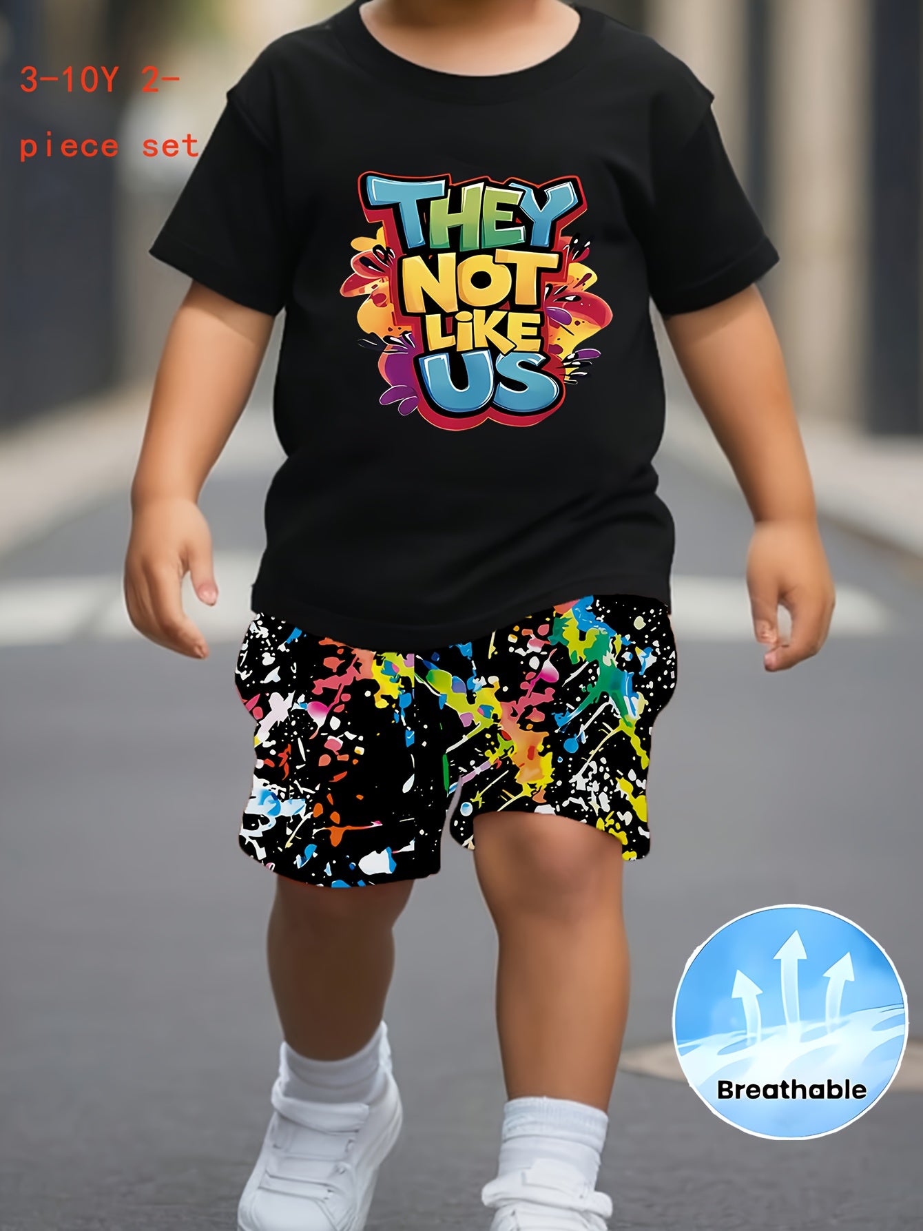 3-10Y Boys & Girls Children's Outfit Set: Trendy Letter T-Shirt + Colorful Breathable Shorts, Perfect for Outdoor