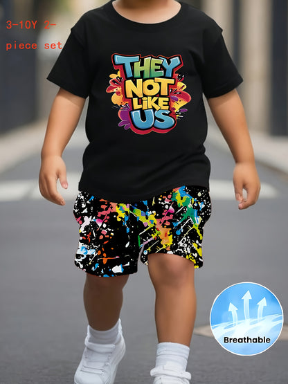 3-10Y Boys & Girls Children's Outfit Set: Trendy Letter T-Shirt + Colorful Breathable Shorts, Perfect for Outdoor