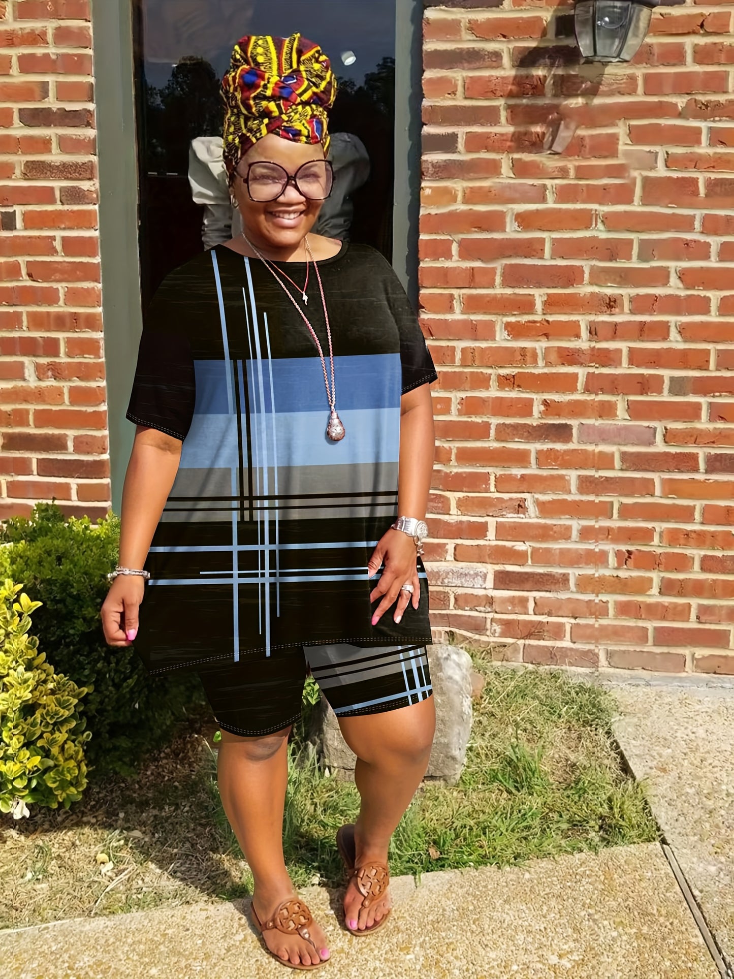 [Casual Printing Suit] Plus Size - Ladies Striped Short-Sleeved Shorts Fashion Casual Printing Suit, Pockets, Bullets, Suitable For Everyday Wear
