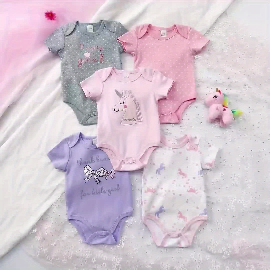 5pcs Set Baby Girl Cartoon Triangle Onesie Baby Girl Cute Crawling Suit, Perfect for Outdoor