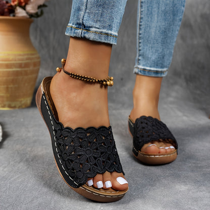 [Floral Wedge Sandals] Women's Floral Wedge Sandals - Comfortable Slip-on Open-toe Summer Shoes with Arch Support, Casual Design, Suitable for Casual | Look| Comfortable And Stylish, Convenient for Going Out, Perfect Gift Choice, Women Shoes
