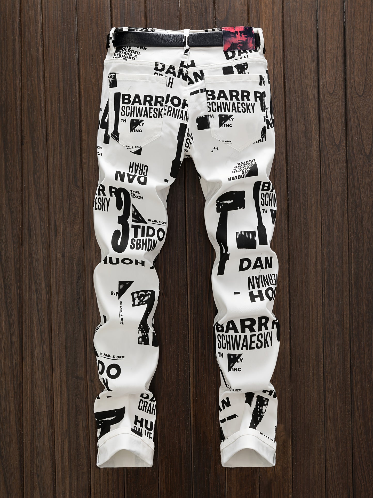 Men'S Slim-Fit Streetwear Straight-Leg Jeans with Bold Letter Print - Black & White Casual Denim Pants for All Seasons, Comfortable and Stylish, Street Style Pants|Sleek Jeans|Durable Denim
