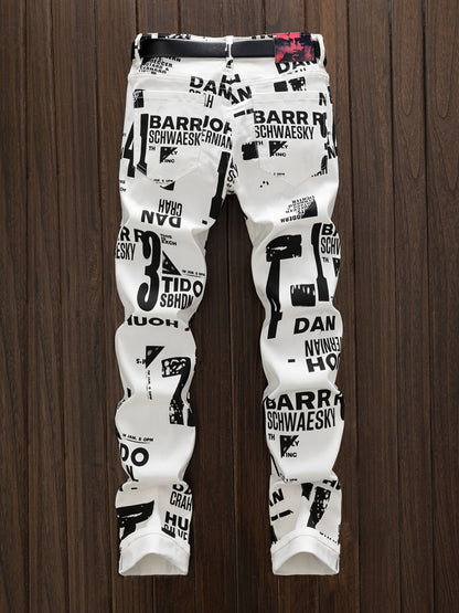 Men'S Slim-Fit Streetwear Straight-Leg Jeans with Bold Letter Print - Black & White Casual Denim Pants for All Seasons, Comfortable and Stylish, Street Style Pants|Sleek Jeans|Durable Denim