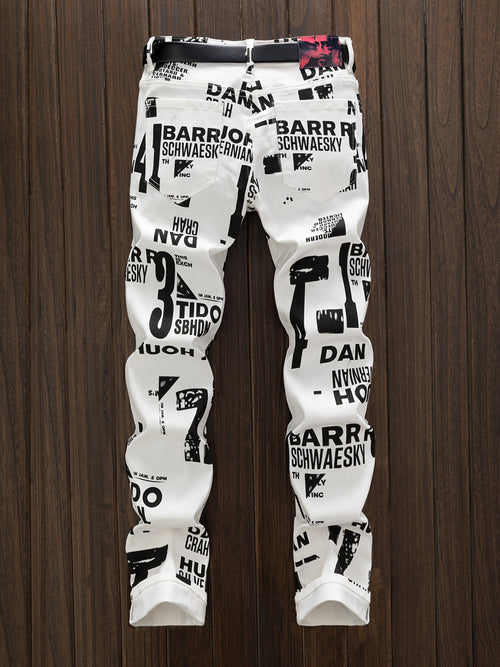 Men'S Slim-Fit Streetwear Straight-Leg Jeans with Bold Letter Print - Black & White Casual Denim Pants for All Seasons, Comfortable and Stylish, Street Style Pants|Sleek Jeans|Durable Denim