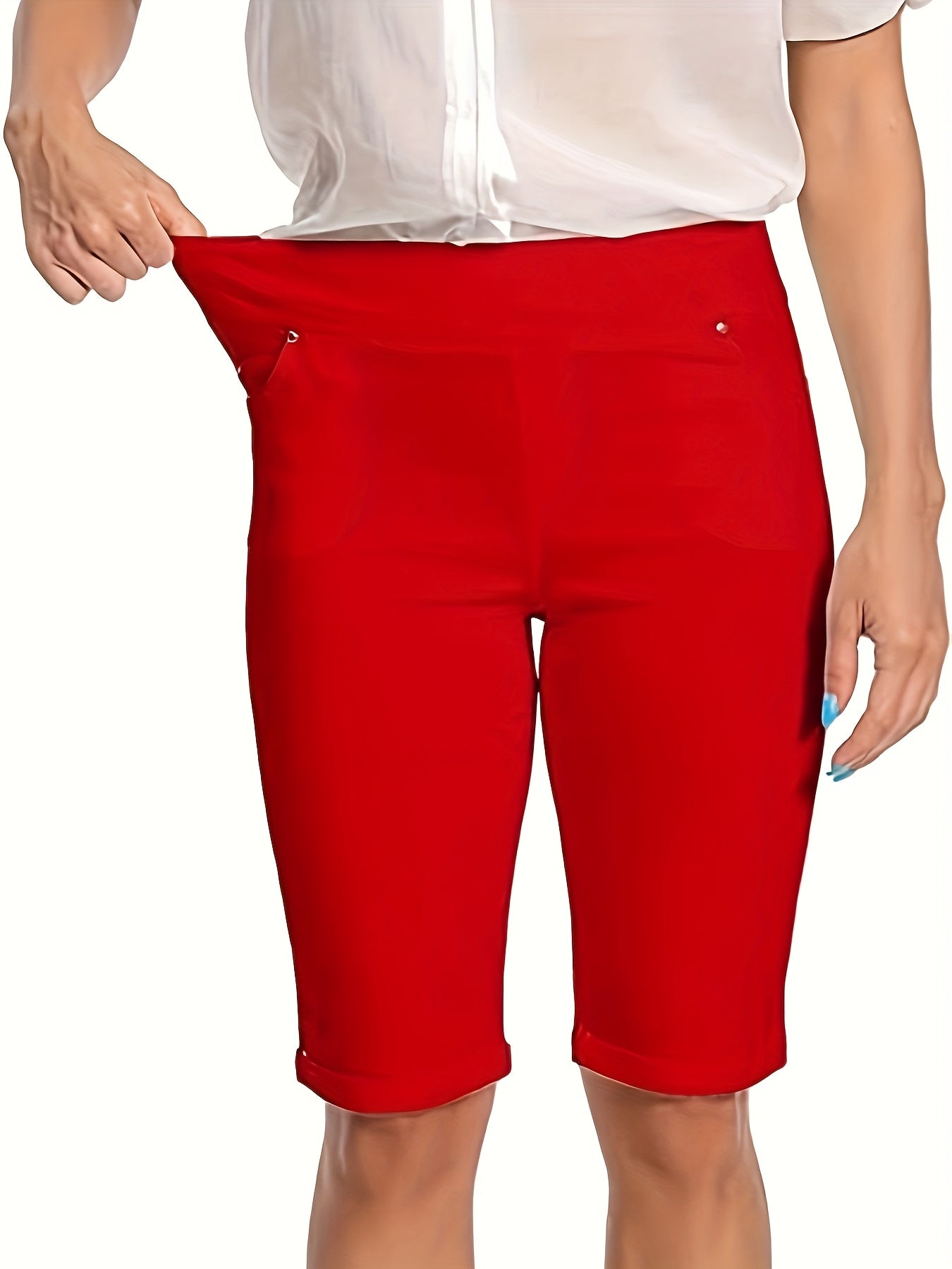 Women's Stretchy Pull On Bermuda Shorts High Waist Office to Vacation Pants, Non See Through Fabric, Machine Washable with 5 Pockets & Cuffed Hem for Everyday, Formal Events Elegant Casual All Season Shorts