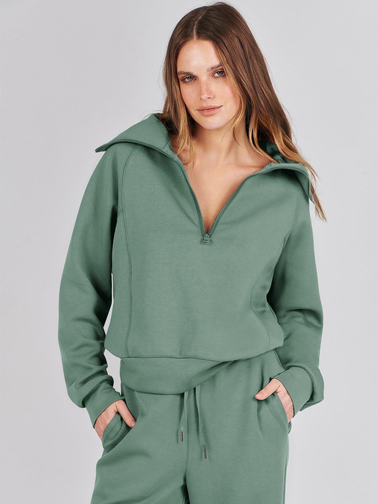 Spring/Autumn Casual Swear Set for Women, Zipper Long-Sleeve Sweatshirt and Wide-Leg Pants 2pcs Set
