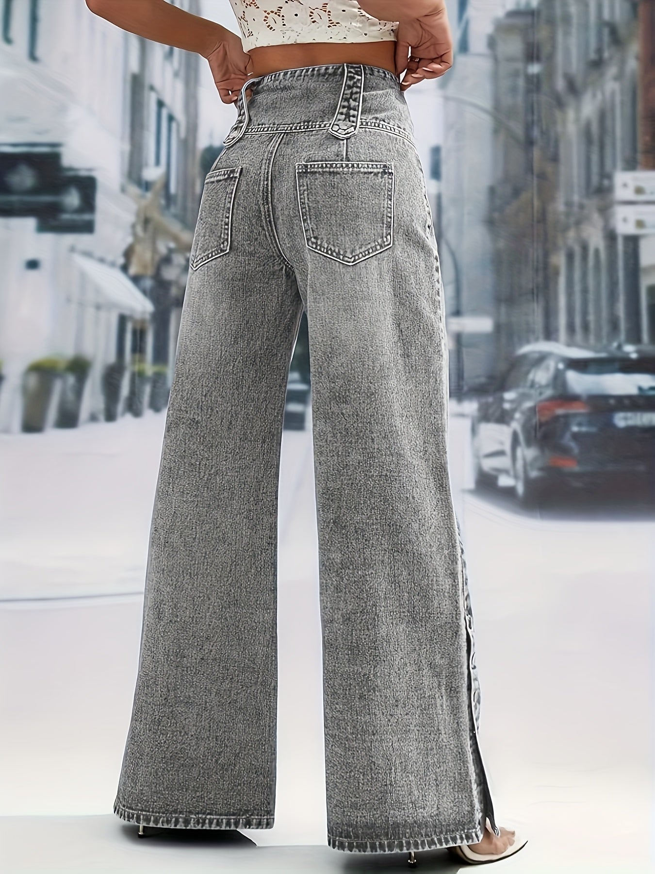 Women's Daily Casual Fashion Button Waistband Loose Jeans, with Open Button Cuff Design, Suitable for Home, Outdoor Street Shopping, Holiday Travel, Airport, And Versatile for All Seasons, Machine Washable.