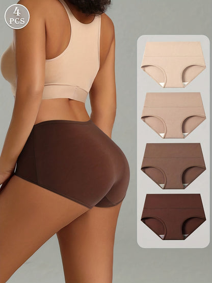 4pcs Fashionable Maillard Solid Color Underwear Pure Soft Light -Friendly Breathable Briefs Mid-Waist Women'S Underwear