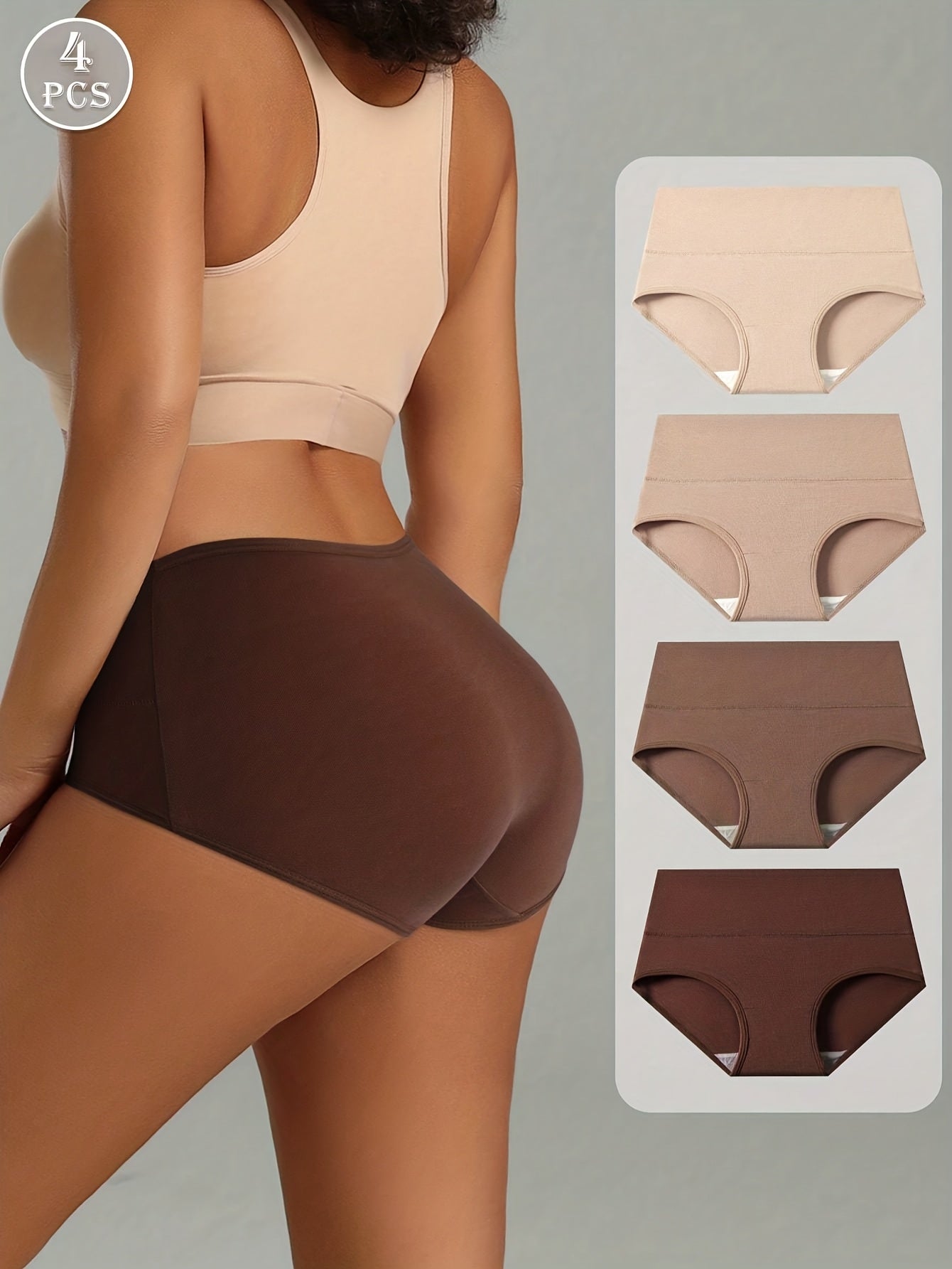 4pcs Fashionable Maillard Solid Color Underwear Pure Soft Light -Friendly Breathable Briefs Mid-Waist Women'S Underwear