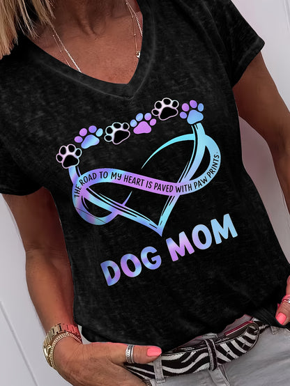 Women'S V-Neck Short Sleeve T-Shirt - Dog Mom Paw Prints The Road to My Heart Casual Graphic Loose Tee
