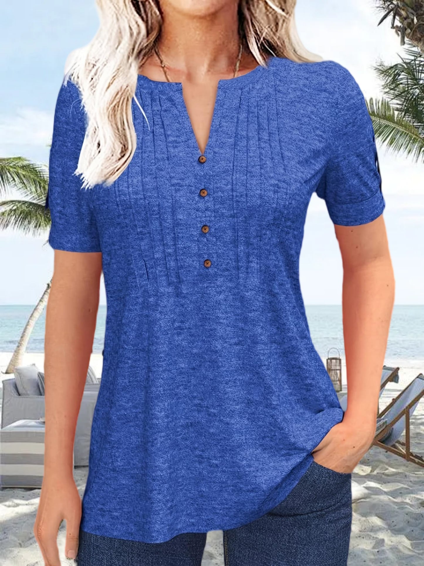 Women's Hot-selling Summer Casual V-Neck Pleated Blouse Short Sleeve Button-Up Solid Color Top