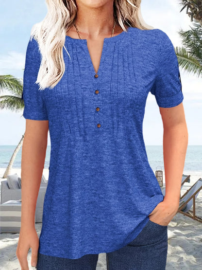 Women's Hot-selling Summer Casual V-Neck Pleated Blouse Short Sleeve Button-Up Solid Color Top