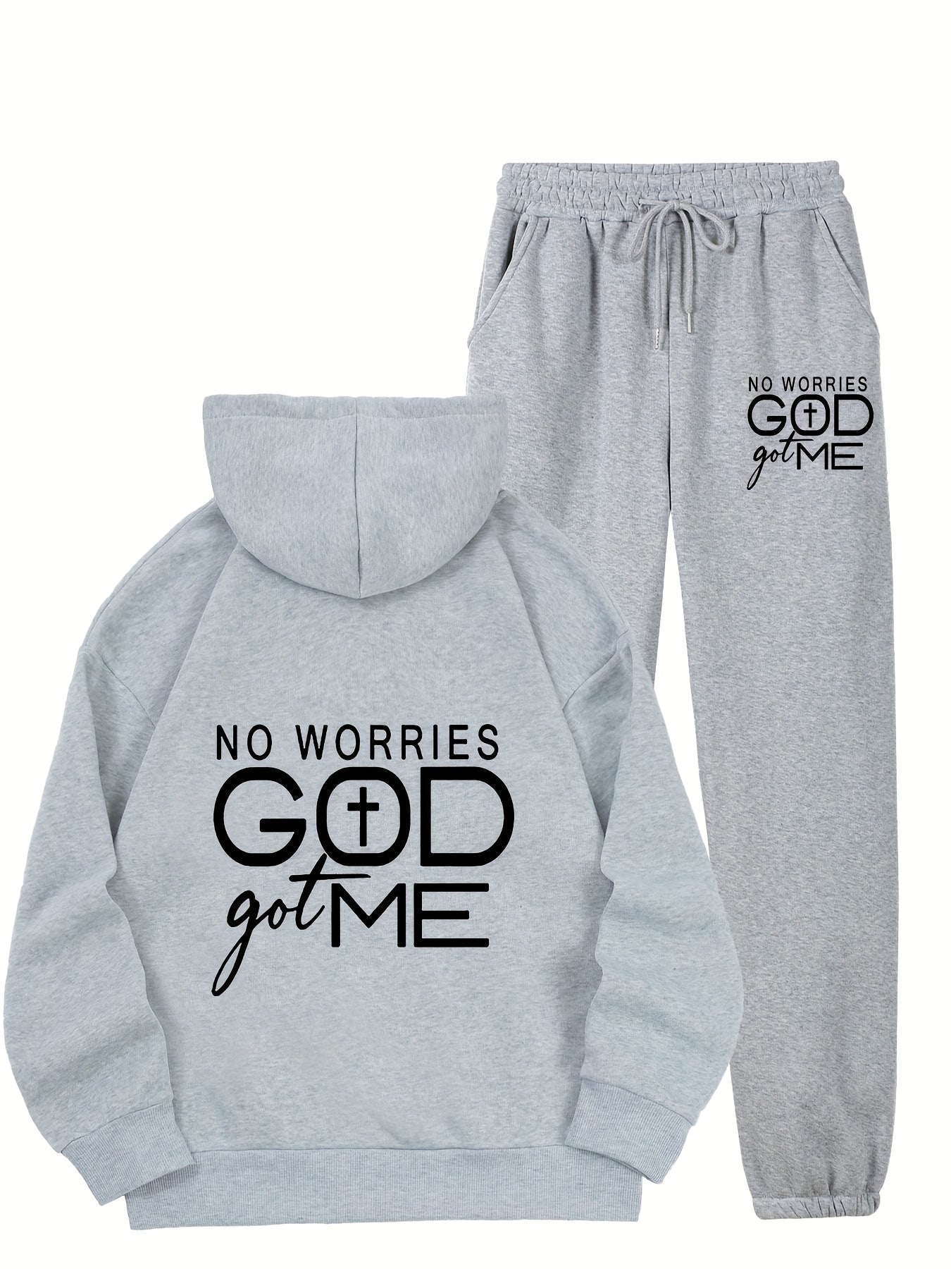 Women's Summer Sports Suit, Women's Gym Sportswear [Fashion Hoodie Set] Fashion No Worries GOD Got Me Printed Hoodie And Sweatpants Set for Women, Kangaroo Pocket Outfit