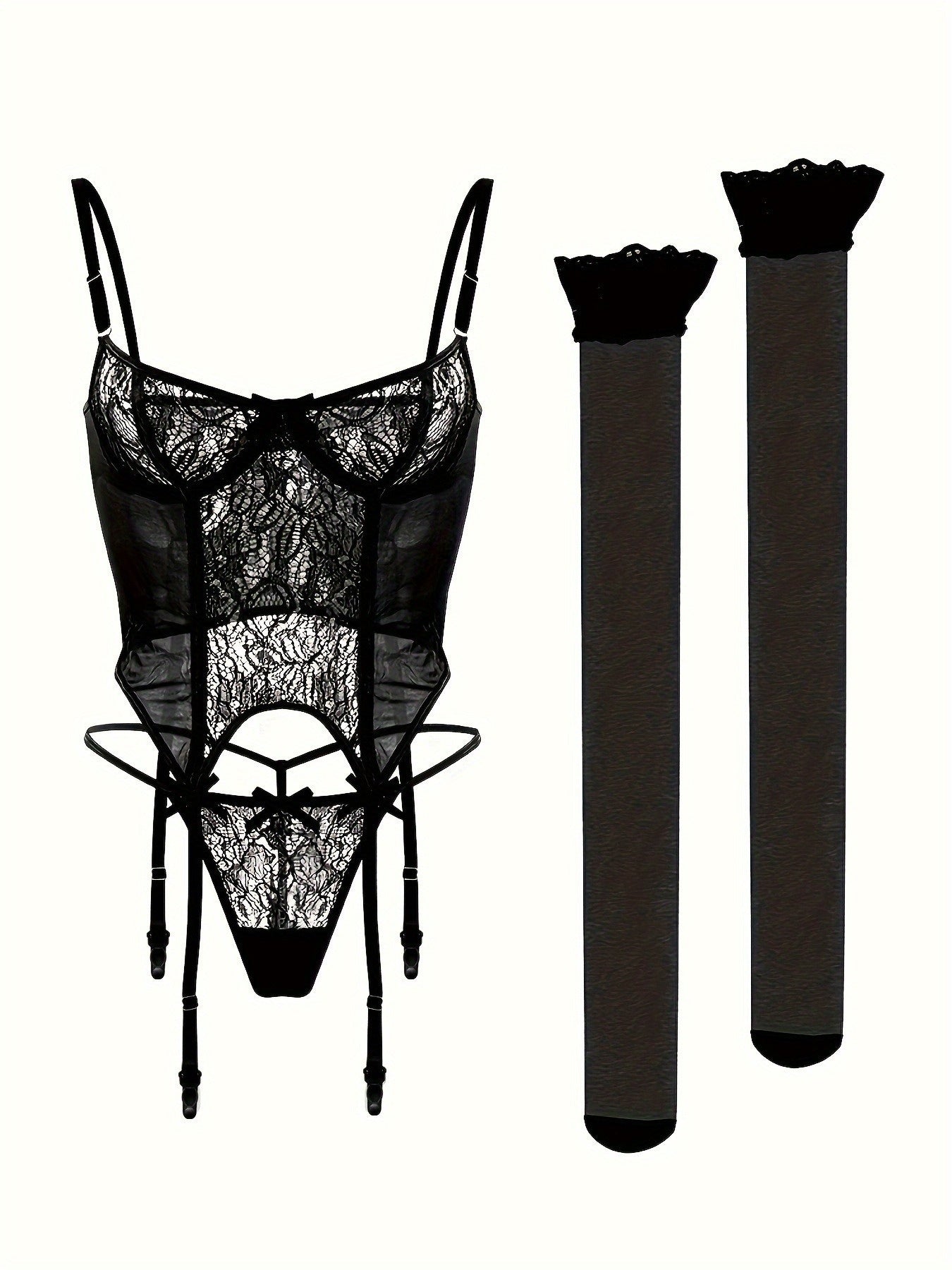 Women'S Sexy Lingerie Set with Garter Belt Lace Bodysuit Teddy Dolls Panty with Stockings, Women Teddy Lingerie Deep V Lace Lingerie Mini Babydoll Lingerie