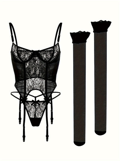 Women'S Sexy Lingerie Set with Garter Belt Lace Bodysuit Teddy Dolls Panty with Stockings, Women Teddy Lingerie Deep V Lace Lingerie Mini Babydoll Lingerie