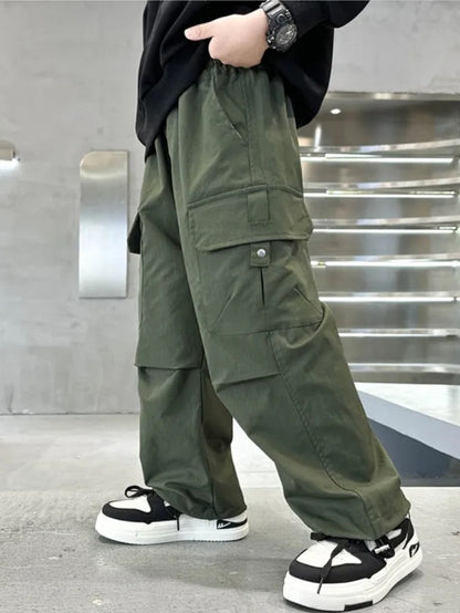 2pcs Boys' Nylon Cargo Pants Set - Loose Fit Outdoor Joggers with Pockets, Breathable Matte Fabric, for Casual Wear Or Back to School, Sizes 120-170, for Outdoor