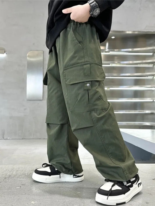2pcs Boys' Nylon Cargo Pants Set - Loose Fit Outdoor Joggers with Pockets, Breathable Matte Fabric, for Casual Wear Or Back to School, Sizes 120-170, for Outdoor
