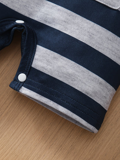 3pcs Baby Boy Summer New Cute Casual Collar Cool Little Monster Striped Jumpsuit 3pcs Set for Boys' Clothes, Perfect for Outdoor