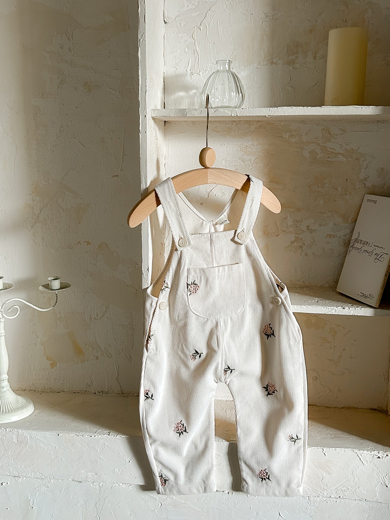 1pc Adorable Floral Embroidered Baby Girls' Overalls, Polyester Woven Regular Fit with Pockets, Comfortable Casual Outdoor Spring/Fall Outfit, for Outdoor