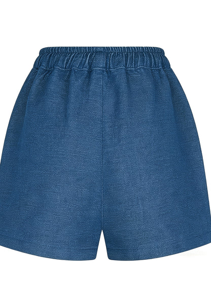 Loose And Stylish Casual Shorts, Solid Color with Elastic Waist, Five-pocket Jeans Shorts
