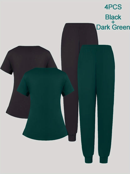 4pcs Set for Women's V-neck Matte Breathable Sports Uniform Pocket Hand Washing Work Clothes Brush Hand Clothes Tying Feet Pants Set