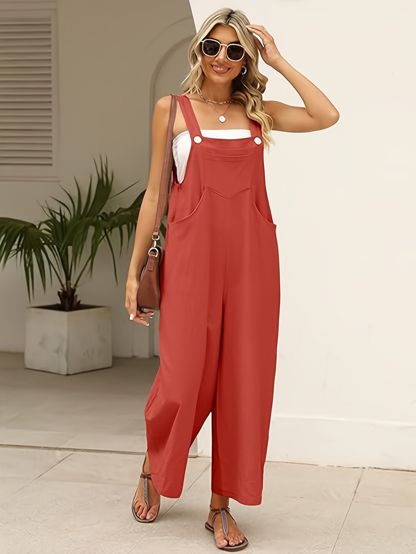 Women's Loose Fit Cotton-Linen Overalls Jumpsuit - Adjustable Strap Wide Leg Romper Pants with Zipper Closure, Non-See-Through Lightweight One-Piece Outfit for Women, Casual to Formal Events (Spring/Fall/Summer) - Everyday & Formal Wear, Ladies Rompers An